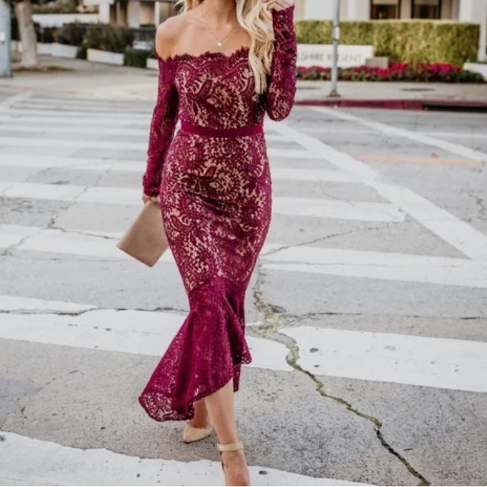 🆕‎ L'ATISTE by Amy Burgundy Lace Off-Shoulder Trumpet Maxi Event Prom Dress S